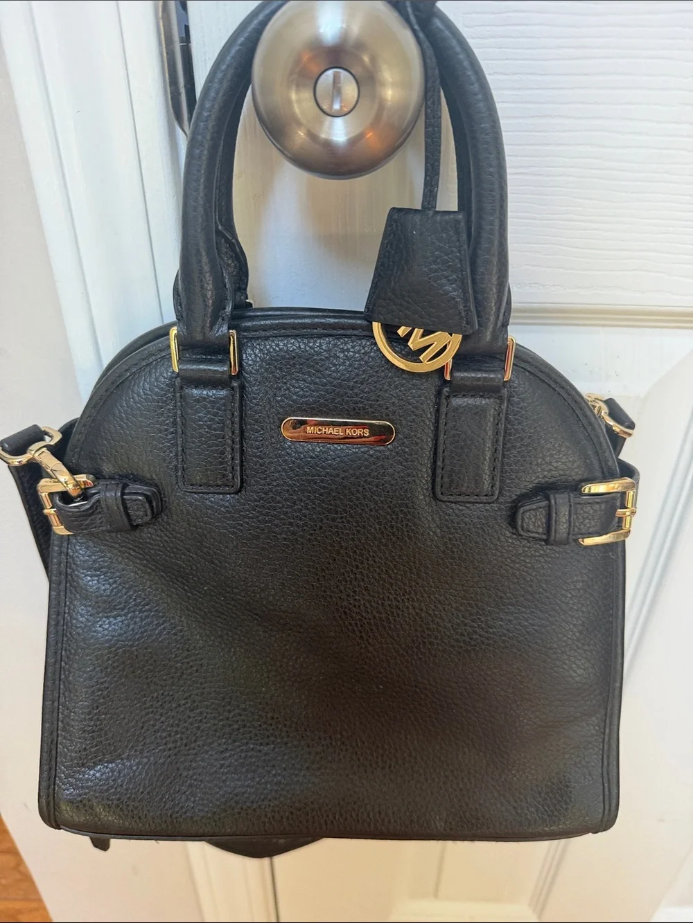 Michael Kors Black Pebbled Leather Dome Satchel with Gold Hardware